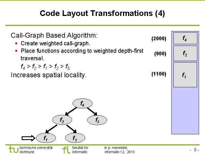 TU Dortmund Code Layout Transformations (4) Call-Graph Based Algorithm: § Create weighted call-graph. §