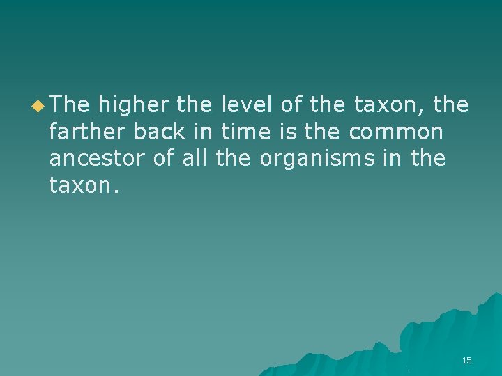u The higher the level of the taxon, the farther back in time is