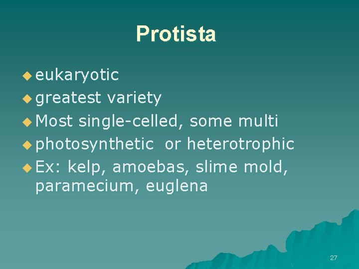 Protista u eukaryotic u greatest variety u Most single-celled, some multi u photosynthetic or