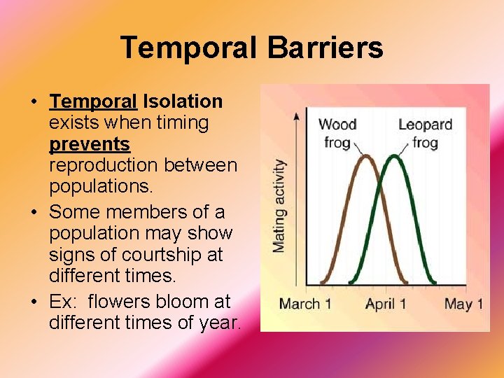 Temporal Barriers • Temporal Isolation exists when timing prevents reproduction between populations. • Some