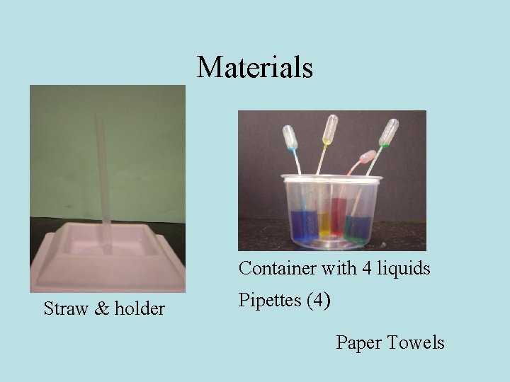 Materials Container with 4 liquids Straw & holder Pipettes (4) Paper Towels 
