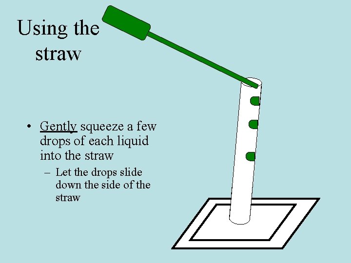 Using the straw • Gently squeeze a few drops of each liquid into the