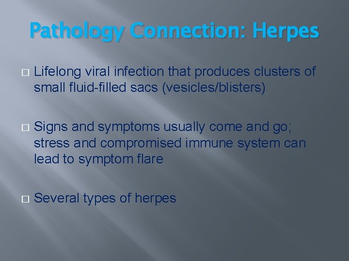 Pathology Connection: Herpes � Lifelong viral infection that produces clusters of small fluid-filled sacs Pathology Connection: Herpes � Lifelong viral infection that produces clusters of small fluid-filled sacs