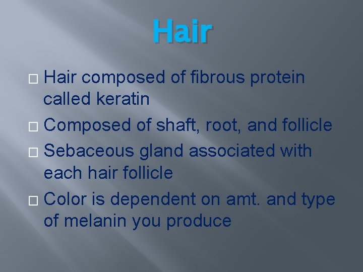 Hair composed of fibrous protein called keratin � Composed of shaft, root, and follicle Hair composed of fibrous protein called keratin � Composed of shaft, root, and follicle