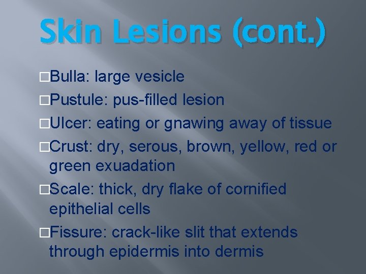 Skin Lesions (cont. ) �Bulla: large vesicle �Pustule: pus-filled lesion �Ulcer: eating or gnawing Skin Lesions (cont. ) �Bulla: large vesicle �Pustule: pus-filled lesion �Ulcer: eating or gnawing