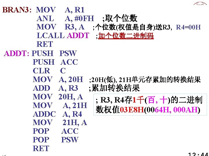 BRAN 3: MOV A, R 1 ANL A, #0 FH ; 取个位数 MOV R