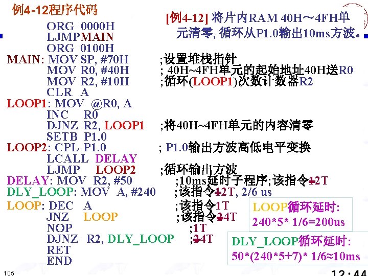 例4 -12程序代码 [例4 -12] 将片内RAM 40 H～ 4 FH单 ORG 0000 H 元清零, 循环从P