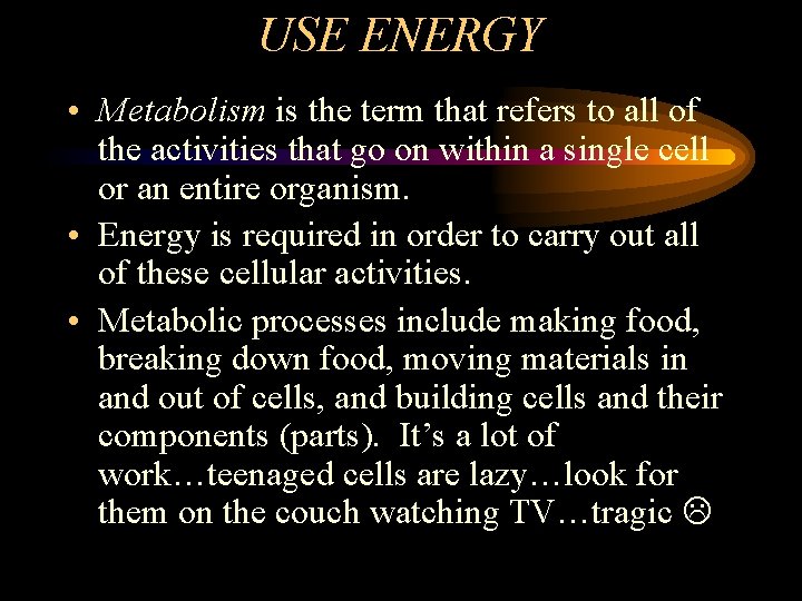 USE ENERGY • Metabolism is the term that refers to all of the activities