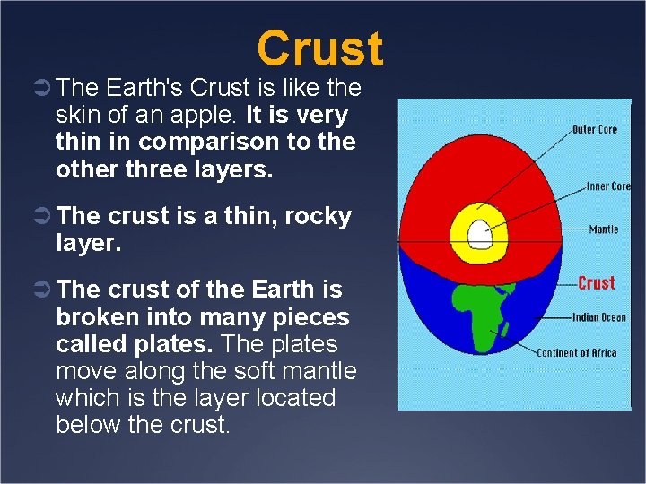 Crust Ü The Earth's Crust is like the skin of an apple. It is