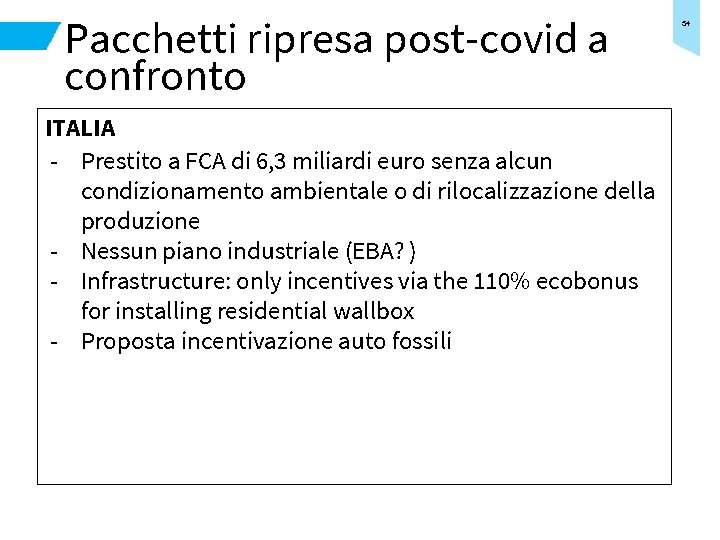 Pacchetti ripresa post-covid a confronto ITALIA - Prestito a FCA di 6, 3 miliardi