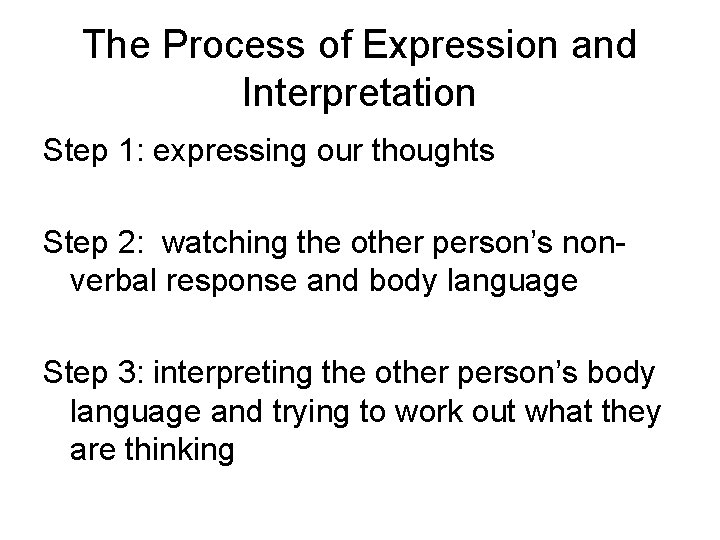 The Process of Expression and Interpretation Step 1: expressing our thoughts Step 2: watching