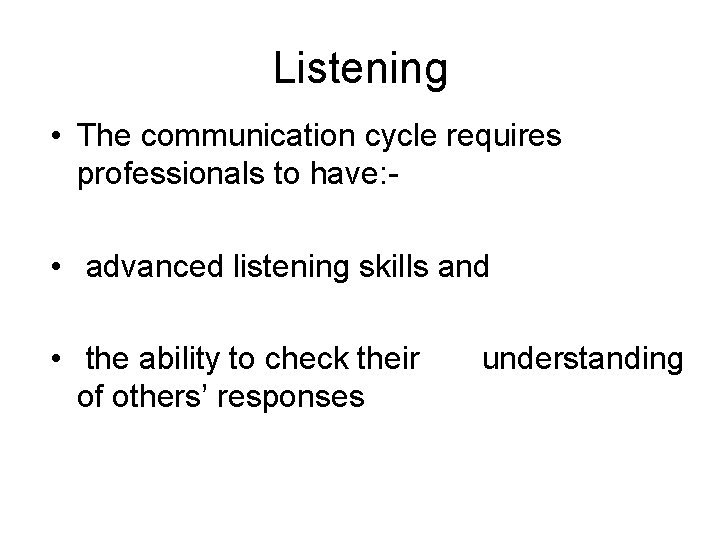 Listening • The communication cycle requires professionals to have: • advanced listening skills and