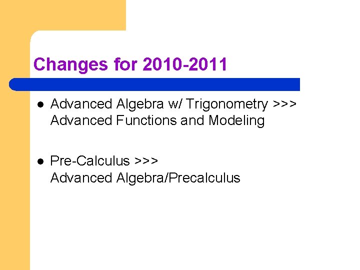 Changes for 2010 -2011 l Advanced Algebra w/ Trigonometry >>> Advanced Functions and Modeling
