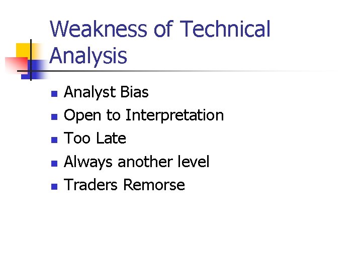 Weakness of Technical Analysis n n n Analyst Bias Open to Interpretation Too Late