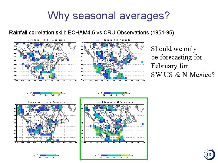 Why seasonal averages? Rainfall correlation skill: ECHAM 4. 5 vs CRU Observations (1951 -95)