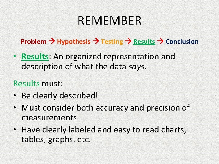 REMEMBER Problem Hypothesis Testing Results Conclusion • Results: An organized representation and description of