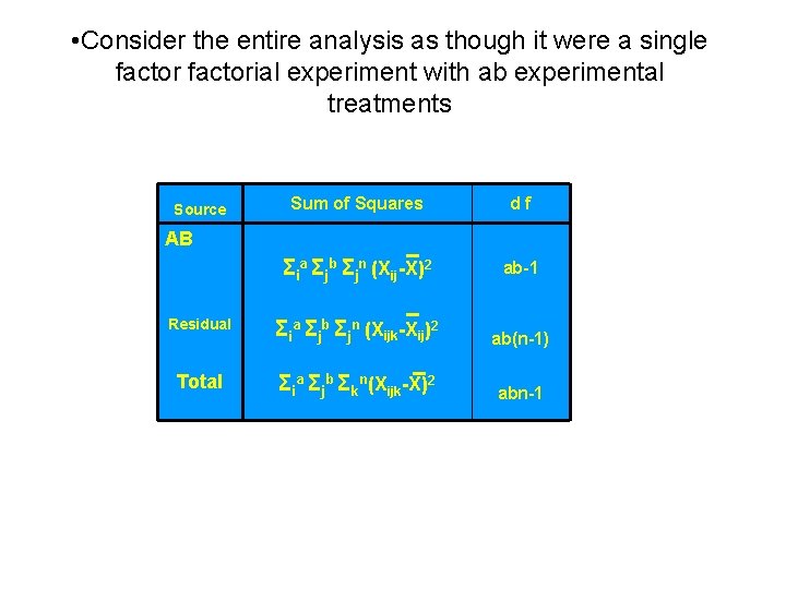  • Consider the entire analysis as though it were a single factorial experiment