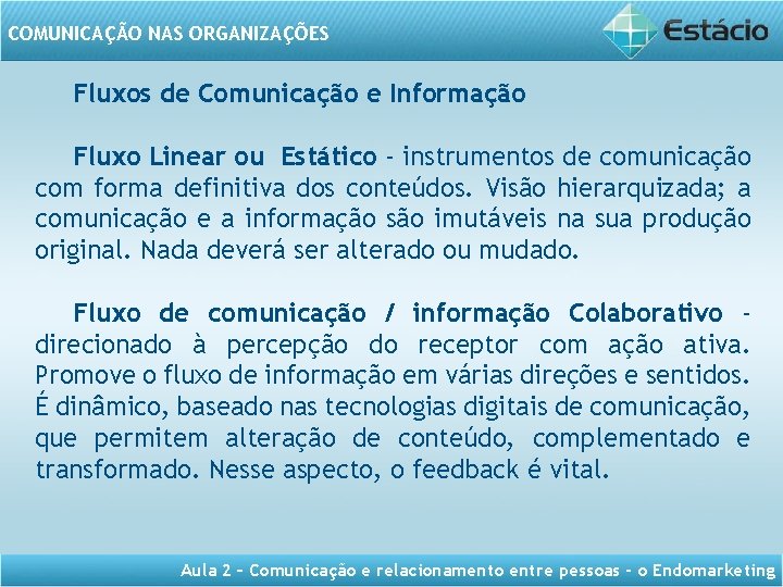 COMUNICAÇÃO NAS ORGANIZAÇÕES Fluxos de Comunicação e Informação Fluxo Linear ou Estático - instrumentos
