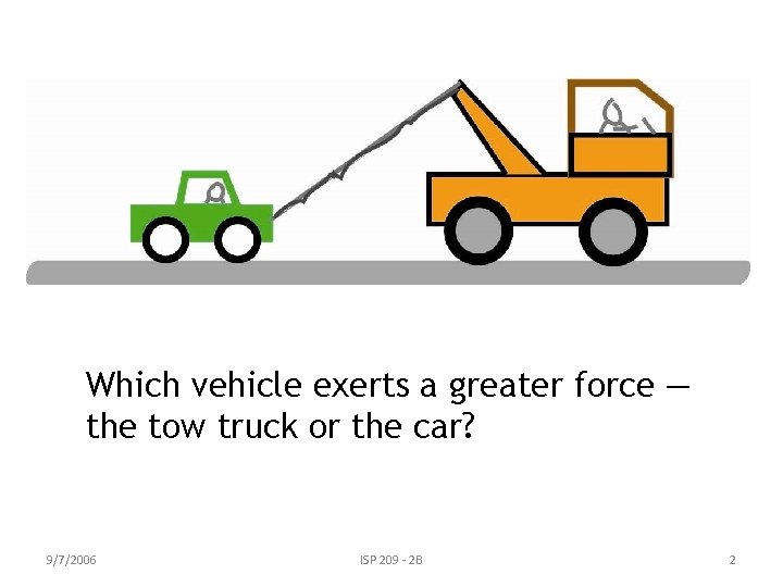 Which vehicle exerts a greater force ― the tow truck or the car? 9/7/2006 Which vehicle exerts a greater force ― the tow truck or the car? 9/7/2006