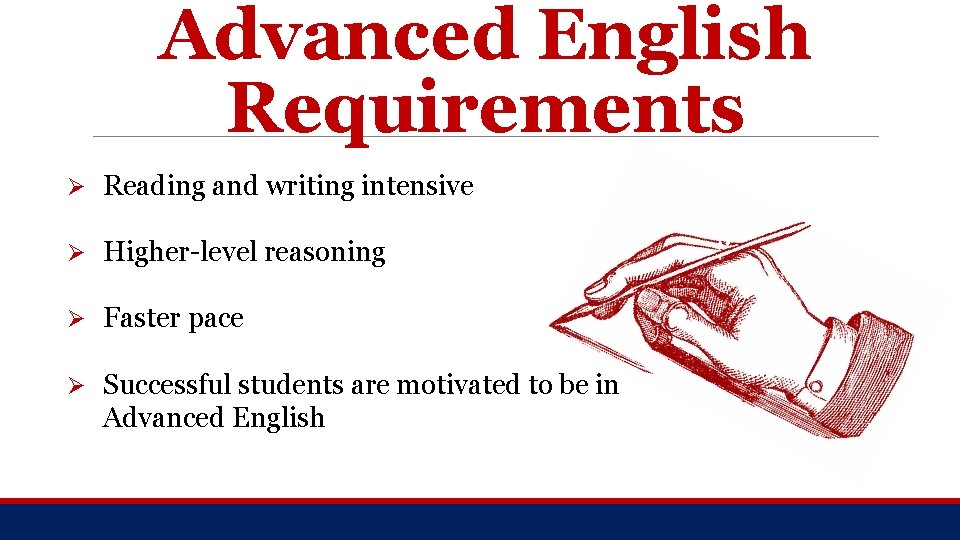 Advanced English Requirements Ø Reading and writing intensive Ø Higher-level reasoning Ø Faster pace