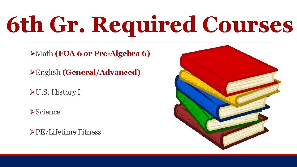 6 th Gr. Required Courses ØMath (FOA 6 or Pre-Algebra 6) ØEnglish (General/Advanced) ØU.