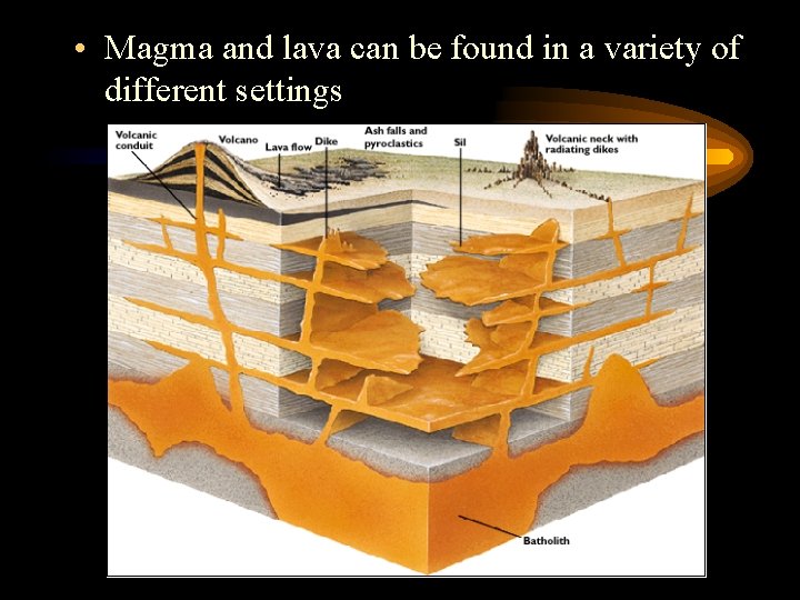  • Magma and lava can be found in a variety of different settings