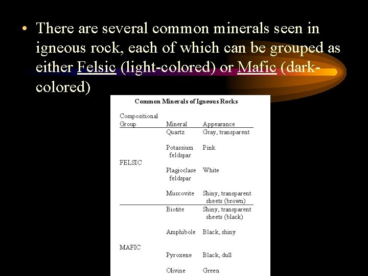  • There are several common minerals seen in igneous rock, each of which