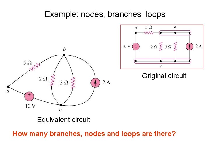 Example: nodes, branches, loops Original circuit Equivalent circuit How many branches, nodes and loops
