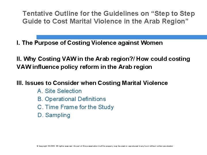 Tentative Outline for the Guidelines on “Step to Step Guide to Cost Marital Violence
