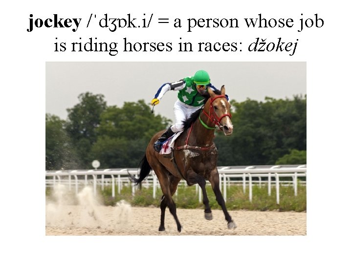 jockey /ˈdʒɒk. i/ = a person whose job is riding horses in races: džokej