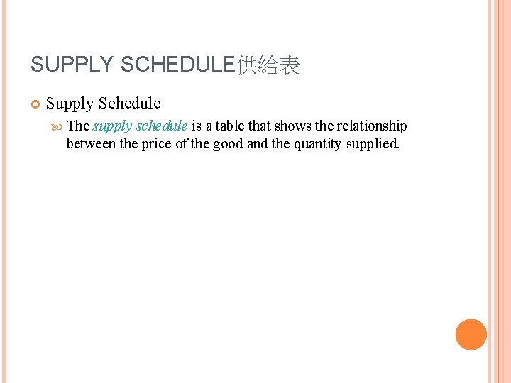 SUPPLY SCHEDULE供給表 Supply Schedule The supply schedule is a table that shows the relationship