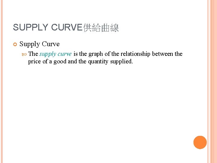 SUPPLY CURVE供給曲線 Supply Curve The supply curve is the graph of the relationship between