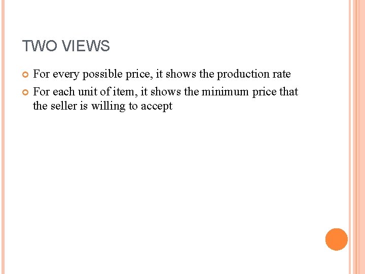 TWO VIEWS For every possible price, it shows the production rate For each unit