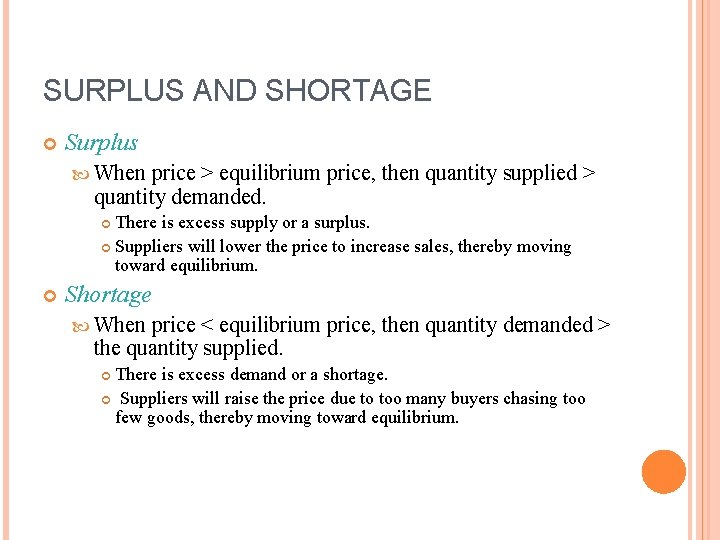 SURPLUS AND SHORTAGE Surplus When price > equilibrium price, then quantity supplied > quantity