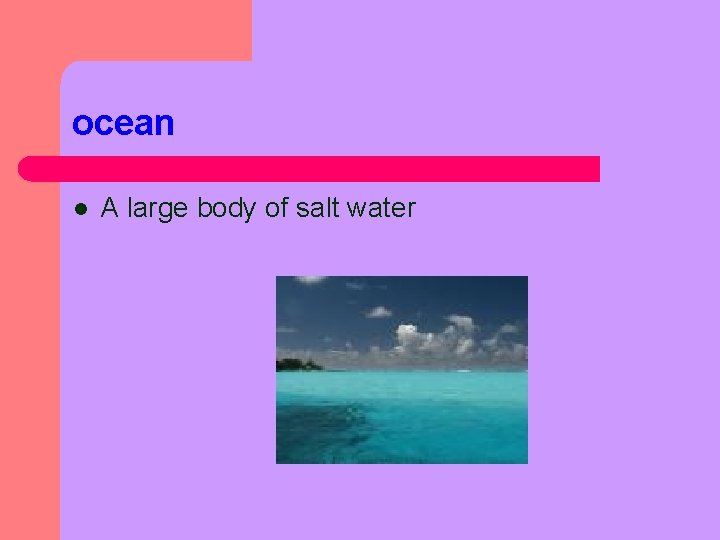 ocean l A large body of salt water 