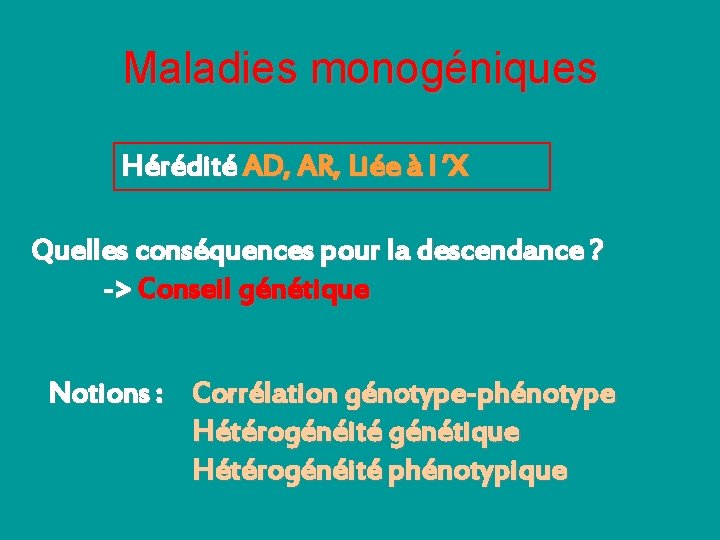 Maladies monogéniques Hérédité AD, AR, Liée à l ’X Quelles conséquences pour la descendance