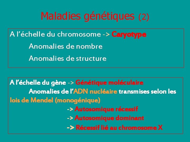 Maladies génétiques (2) A l’échelle du chromosome -> Caryotype Anomalies de nombre Anomalies de