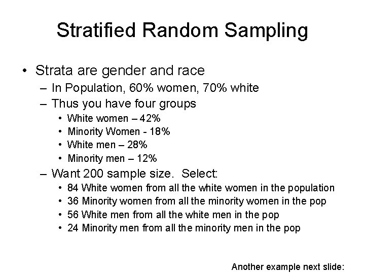Stratified Random Sampling • Strata are gender and race – In Population, 60% women,