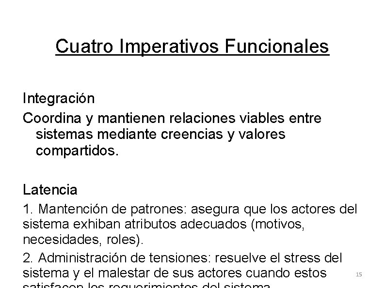 Cuatro Imperativos Funcionales Integración Coordina y mantienen relaciones viables entre sistemas mediante creencias y Cuatro Imperativos Funcionales Integración Coordina y mantienen relaciones viables entre sistemas mediante creencias y