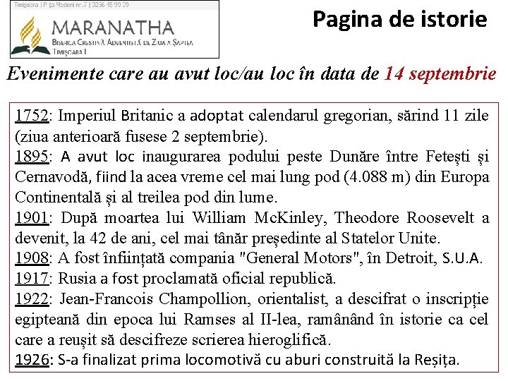 Pagina de istorie Evenimente care au avut loc/au loc în data de 14 septembrie