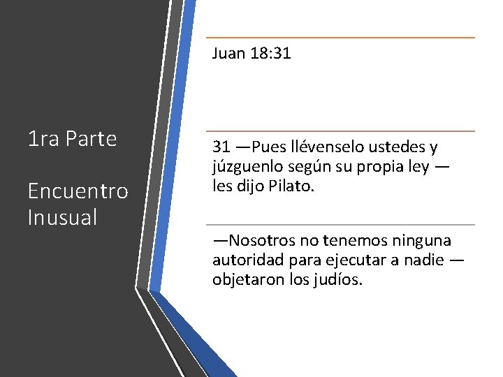 Juan 18: 31 1 ra Parte Encuentro Inusual 31 —Pues llévenselo ustedes y júzguenlo