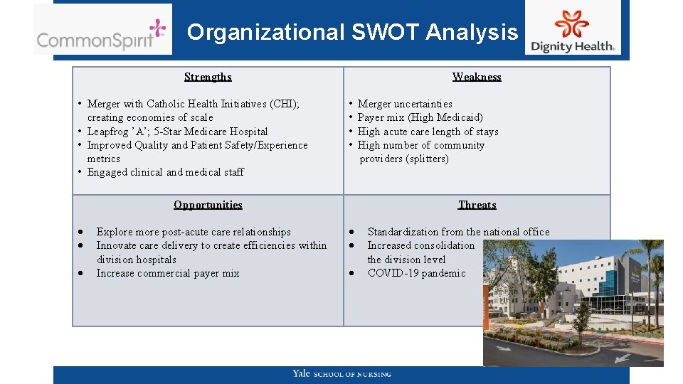 Organizational SWOT Analysis Strengths • Merger with Catholic Health Initiatives (CHI); creating economies of Organizational SWOT Analysis Strengths • Merger with Catholic Health Initiatives (CHI); creating economies of