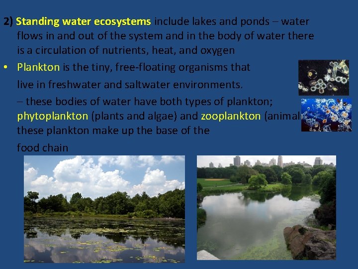 2) Standing water ecosystems include lakes and ponds – water flows in and out