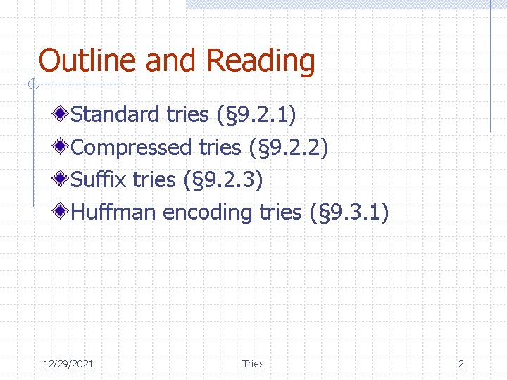 Outline and Reading Standard tries (§ 9. 2. 1) Compressed tries (§ 9. 2.