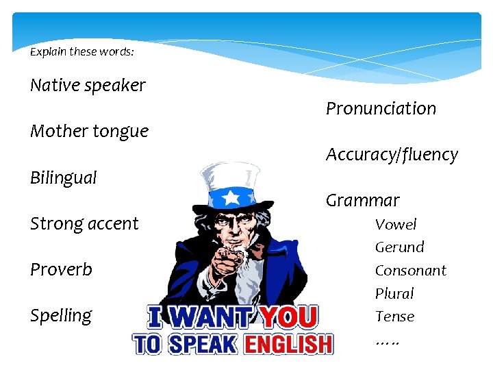 Explain these words: Native speaker Mother tongue Bilingual Strong accent Proverb Spelling Pronunciation Accuracy/fluency