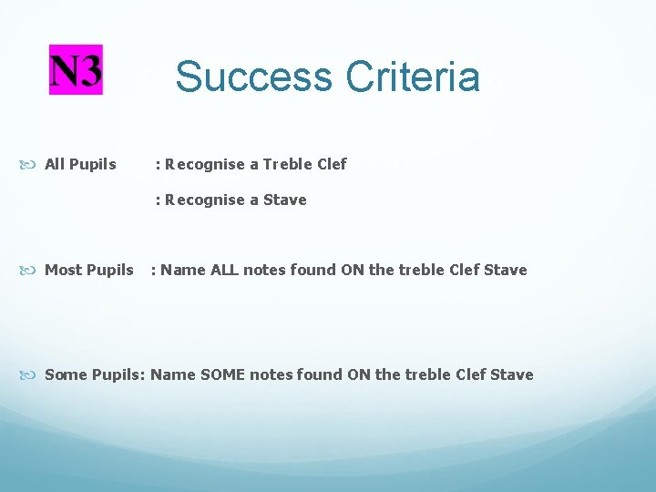 Success Criteria All Pupils : Recognise a Treble Clef : Recognise a Stave Most