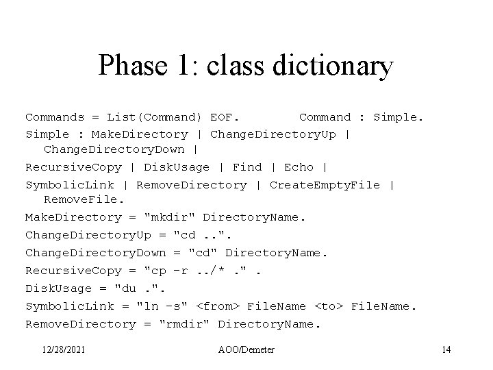 Phase 1: class dictionary Commands = List(Command) EOF. Command : Simple : Make. Directory