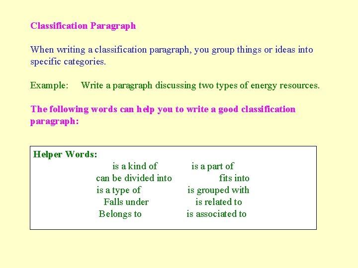 Classification Paragraph When writing a classification paragraph, you group things or ideas into specific Classification Paragraph When writing a classification paragraph, you group things or ideas into specific