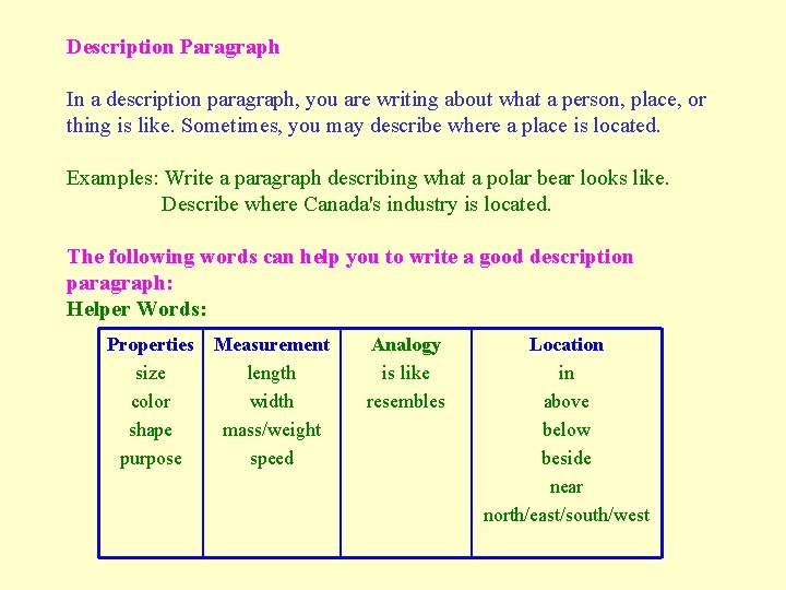 Description Paragraph In a description paragraph, you are writing about what a person, place, Description Paragraph In a description paragraph, you are writing about what a person, place,