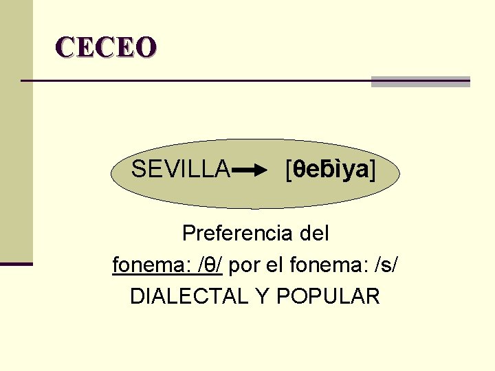 CECEO SEVILLA [θeƃìya] Preferencia del fonema: /θ/ por el fonema: /s/ DIALECTAL Y POPULAR